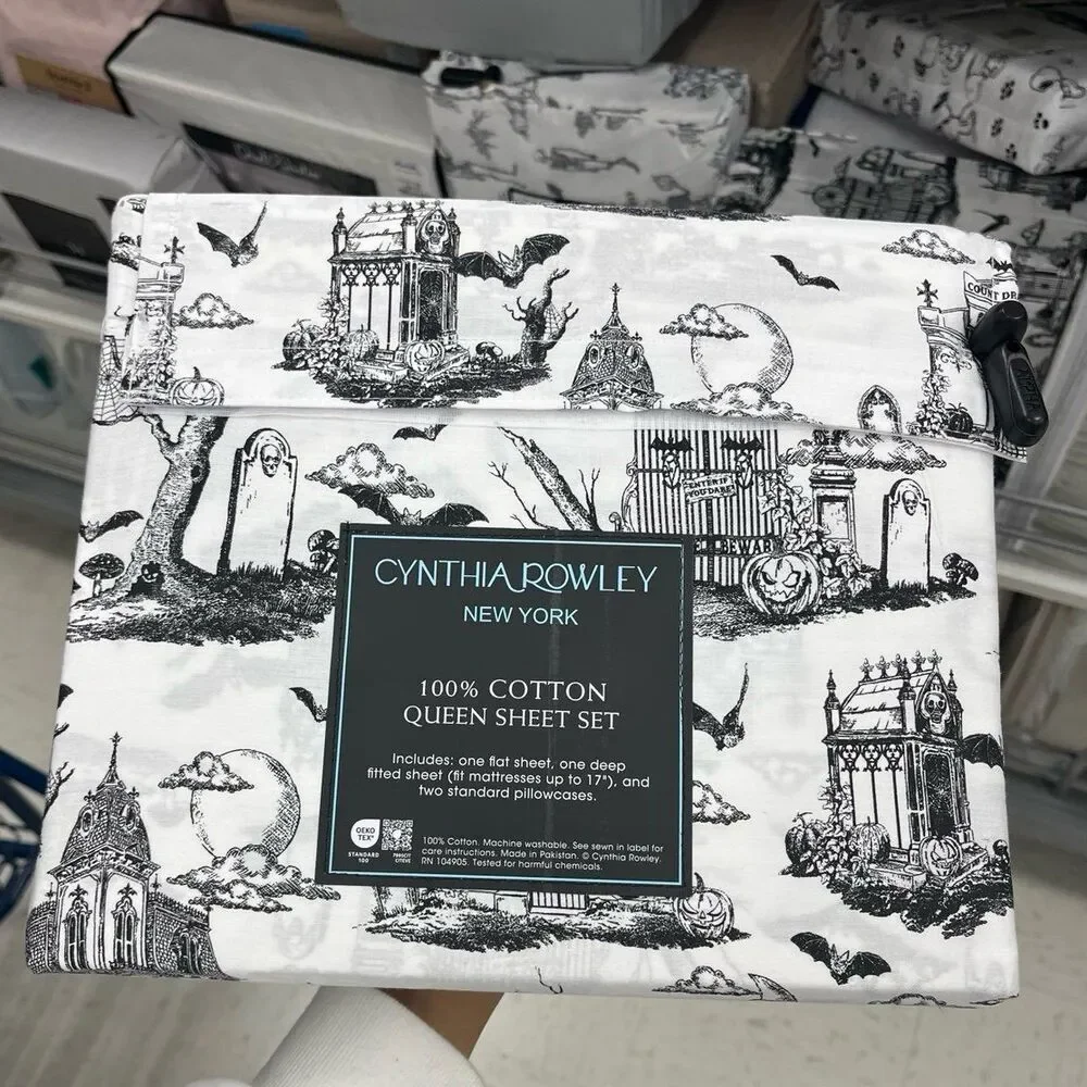 Cynthia Rowley Halloween Haunted House Bat Pumpkin Toile Sheet Set (Queen)